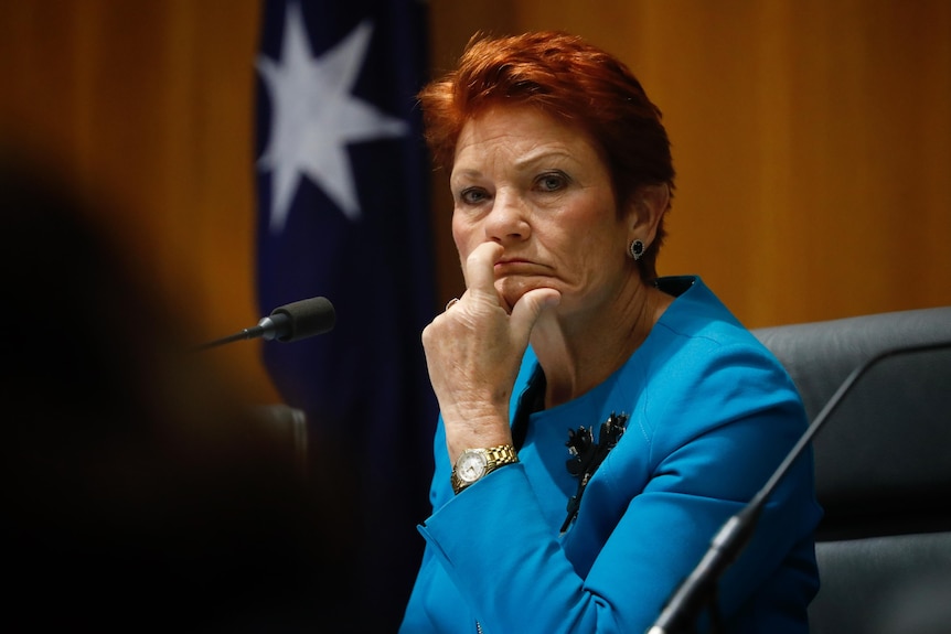 Pauline Hanson holds her head in her hand 