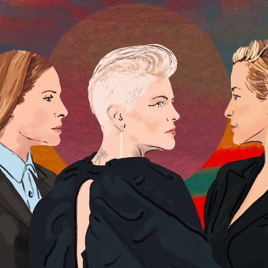 A digital portrait of The Chicks - three women wearing black looking to the side.