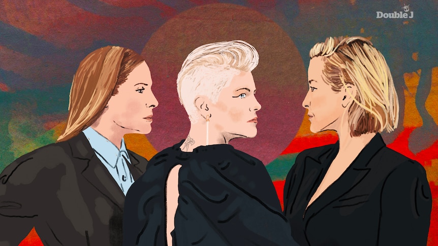 A digital portrait of The Chicks - three women wearing black looking to the side.