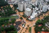 Floodwaters fill the streets in the Lagoa Rodrigo de Freitas neighbourhood of Rio de Janeiro