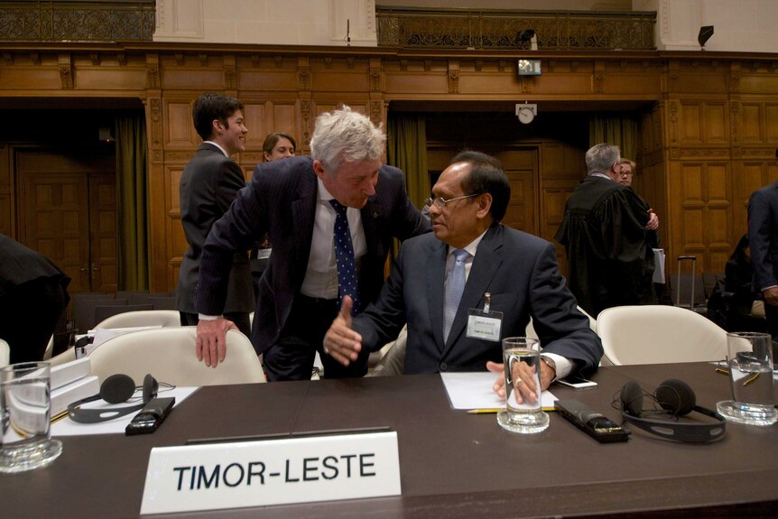 Bernard Collaery and E Timor's foreign minister at the Hague