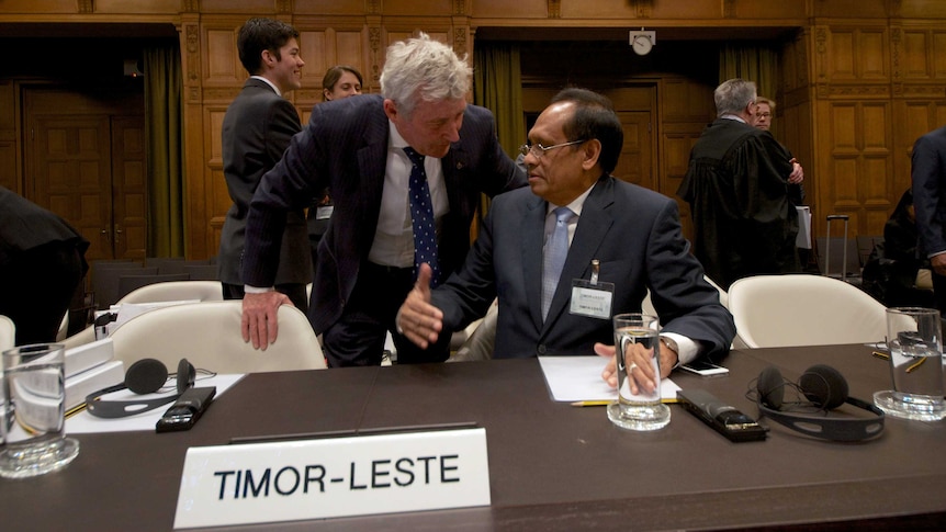 Bernard Collaery and E Timor's foreign minister at the Hague