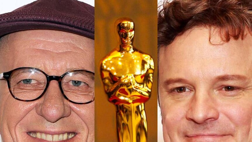 LtoR composite of Geoffrey Rush, an Oscars statuette and Colin Firth