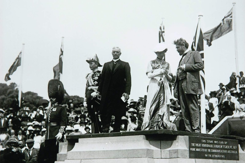 Lady Denman revealing Canberra's name at the foundation ceremony, March 12, 1913. Digital reproduction from a photograph.