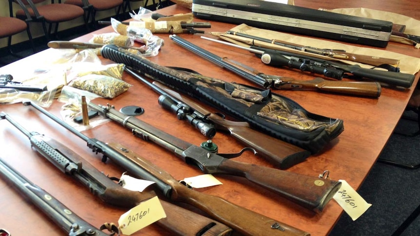 Tasmanian police display stolen guns recovered from around Launceston.