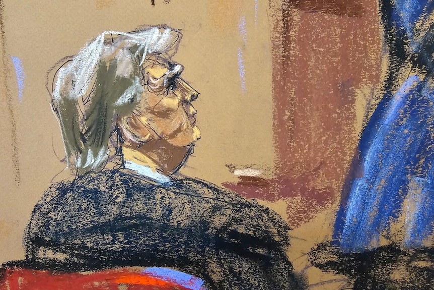 Court sketch of Trump listening in court.