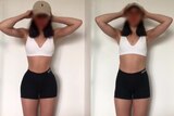 A before and after shot of a social media app changing the shape of a woman's body