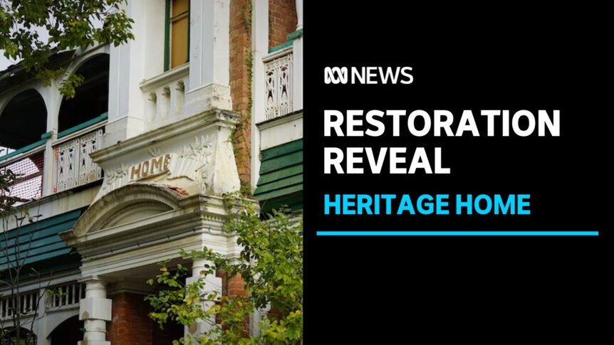 Restoration Reveal, Heritage Home: The ornate exterior of a heritage home with green and blue shingles and white trim. 
