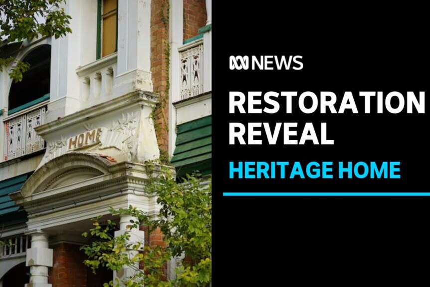 Restoration Reveal, Heritage Home: The ornate exterior of a heritage home with green and blue shingles and white trim. 