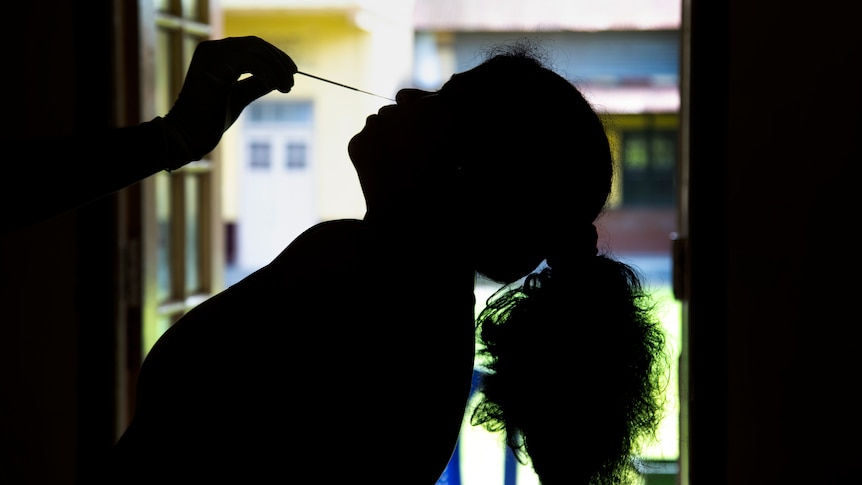 A health worker takes a nasal swab sample from a woman