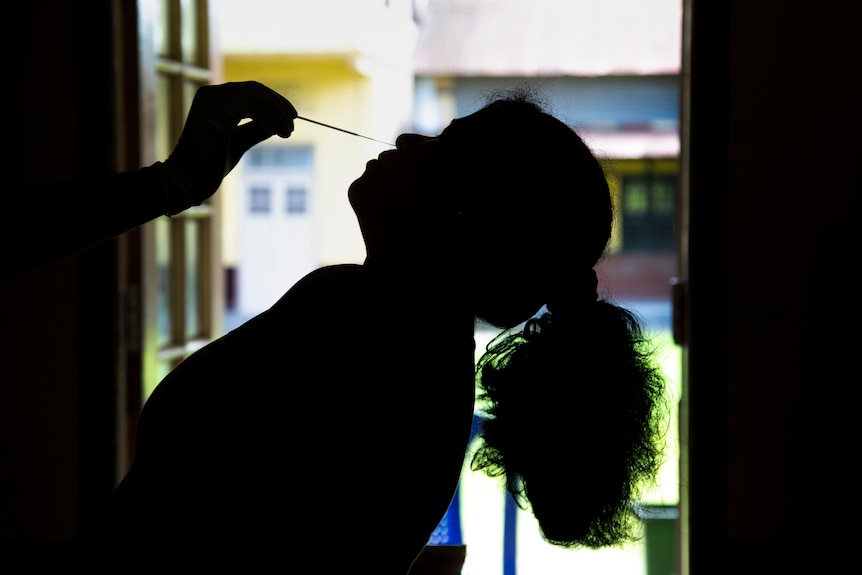 A health worker takes a nasal swab sample from a woman