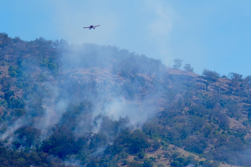 Smoke rises from a hill partially covered with trees. A small plane flies above the fireground.