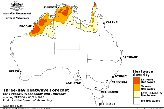 A map of Australia with blotches of orange and red signifying heatwaves across the nation.