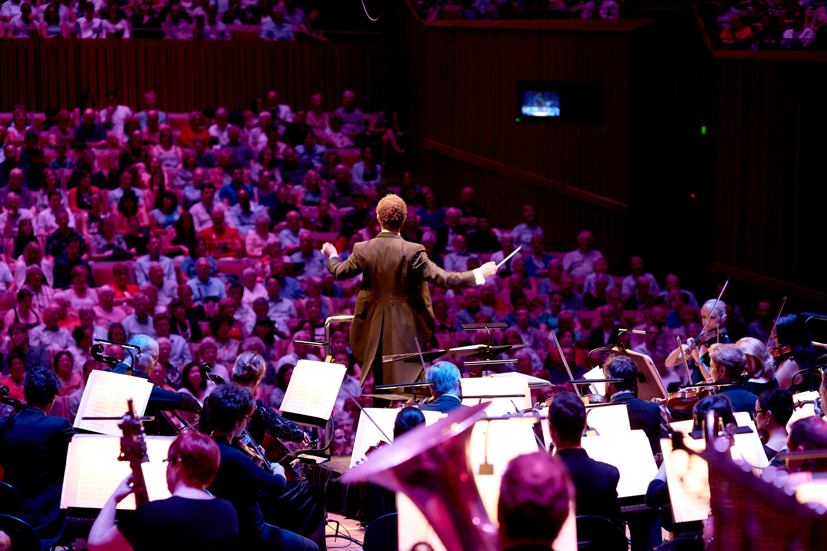 A view from behind the orchestra of the audience a the Sydney Opera House and a conductor's back as he conducts the audience