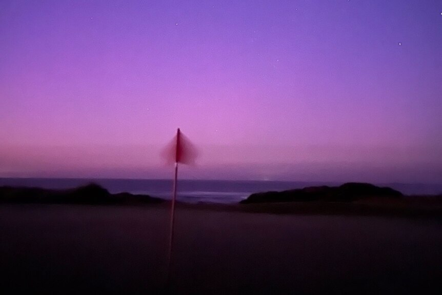 A golf flag waves in front of a pink sky