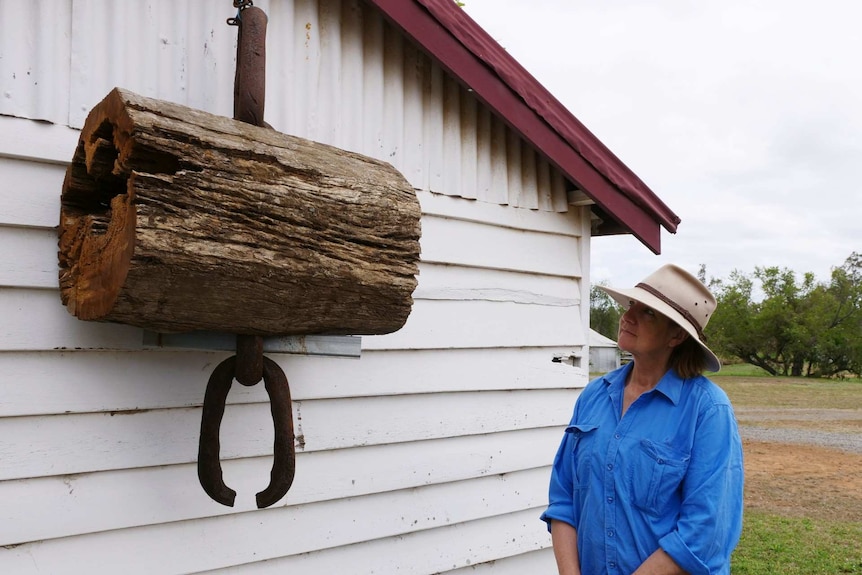 A woman with a wide rimmed hat looks up at a log hanging from huge chain links.