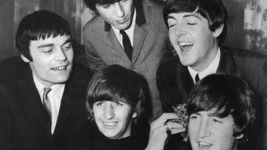 Clockwise L-R, fill-in drummer Jimmie Nicol, George Harrison, Paul McCartney, John Lennon and Ringo Starr in Melbourne, 1964.