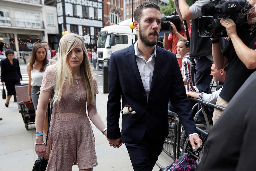 The parents of critically ill baby Charlie Gard, Connie Yates and Chris Gard arrive at the High Court in London.