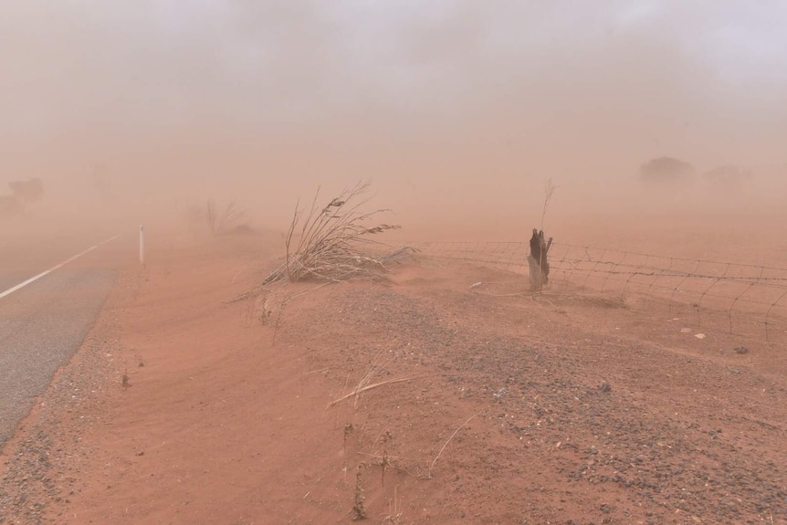The wind whips up dust on a road