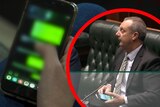A woman texting, Michael Johnsen holding his phone in parliament.