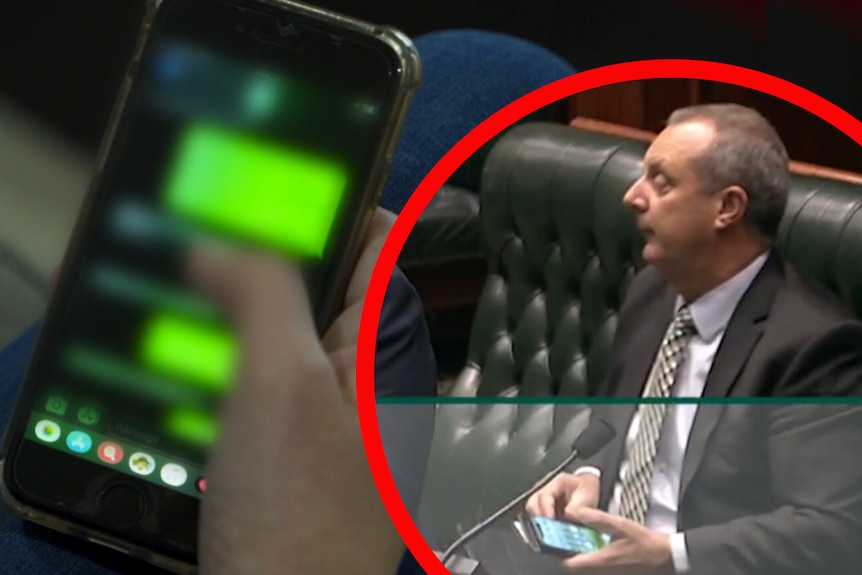 A woman texting, Michael Johnsen holding his phone in parliament.