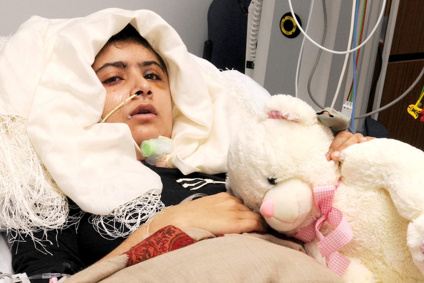Malala Yousafzai recuperating at the The Queen Elizabeth Hospital in Birmingham after being shot in Pakistan.