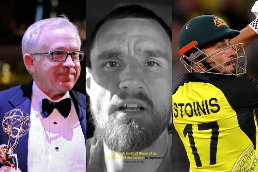 composite image of leslie jordan holding emmy, screenshot from socceroos protest video, marcus stoinis batting