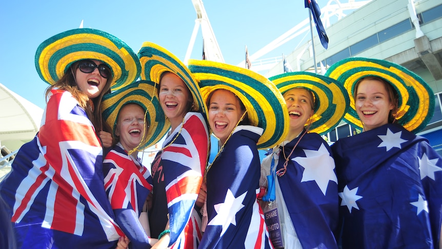 A group of girls in Melbourne get into the mood of Australia Day one day early at the Australian Open on January 25, 2012.