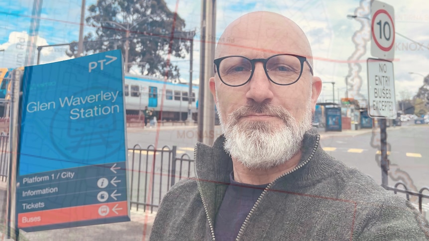 A composite image of the Glen Waverley train station sign, a train station and Raf Epstein's face.