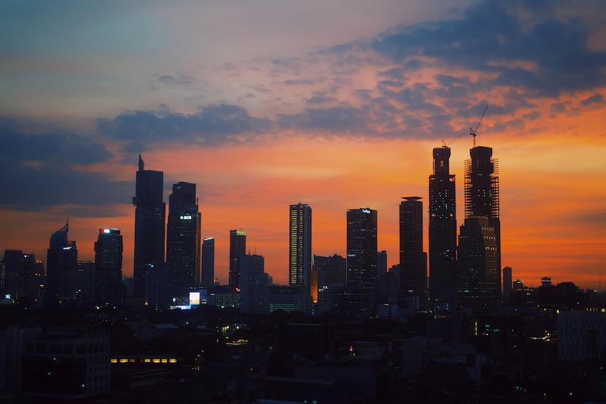 The Jakarta skyline at sunset.