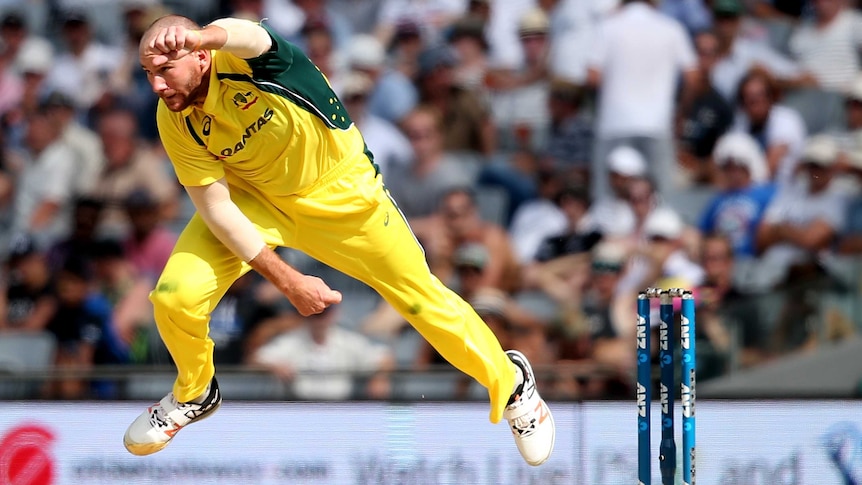 John Hastings of Australia bowls against New Zealand in an ODI at Eden Park on February 3, 2016.