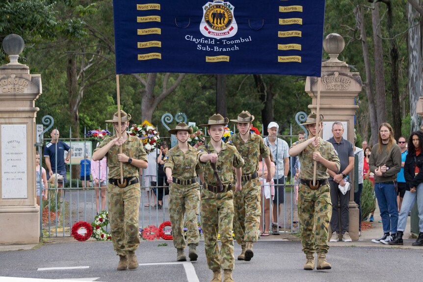 Cadets marching in an Anzac service.