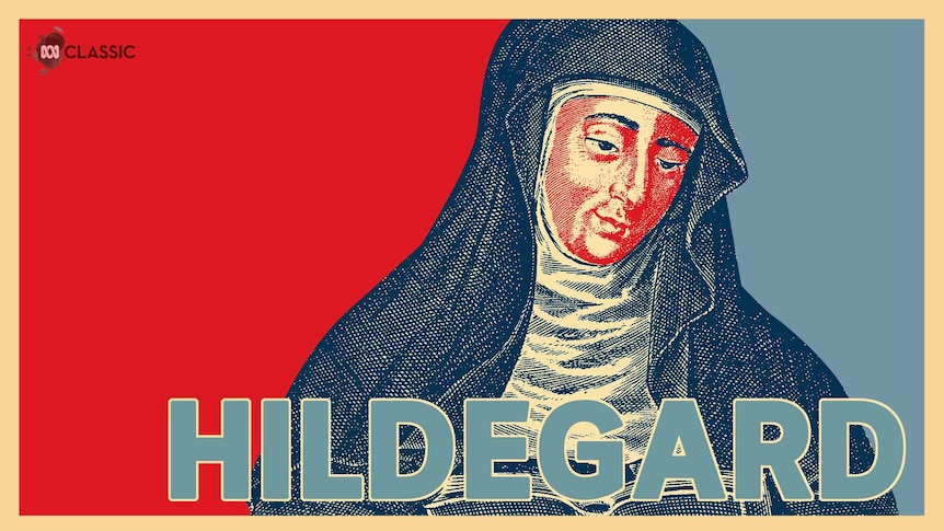 An image of composer Hildegard von Bingen designed in the style of the Obama "Hope" campaign poster.