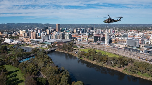 Black Hawk over Torrens Lake in Adelaide.