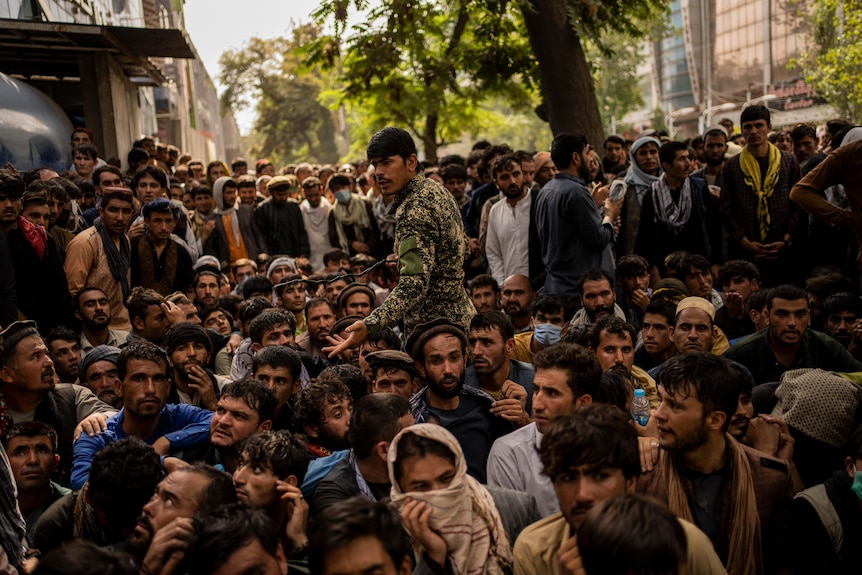 A crowd of Afghans wait in front of a bank branch to withdraw money. 