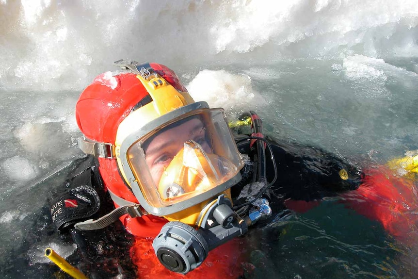 Scuba diver Emma Johnston surfaces from an icy ocean