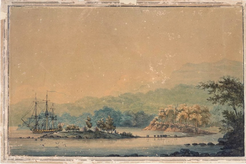 Old watercolour of trees, water and a ship