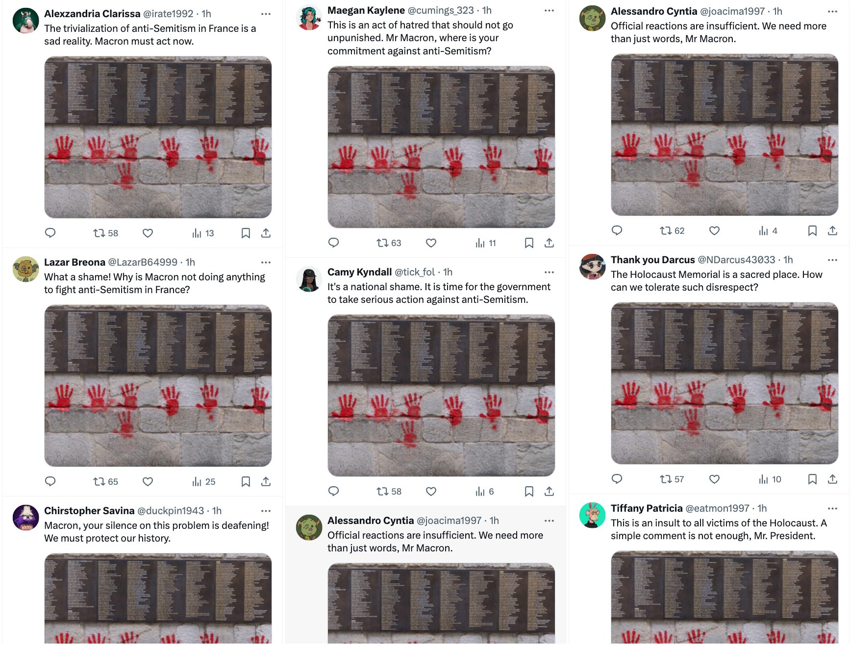 A tiled compilation of posts referencing the vandalism of the Paris Holocaust Memorial on social media platform X.