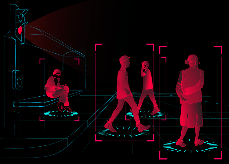 An illustration shows three people walking across a road, one talking on the phone. A woman sits at a bus stop reading.