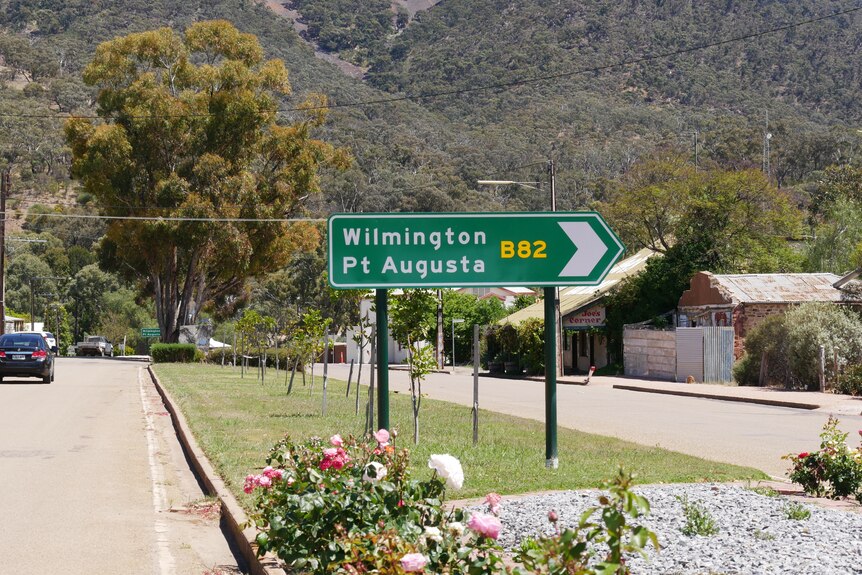 A green road sign for Port Augusta in Melrose, in South Australia's Flinders Rangers.