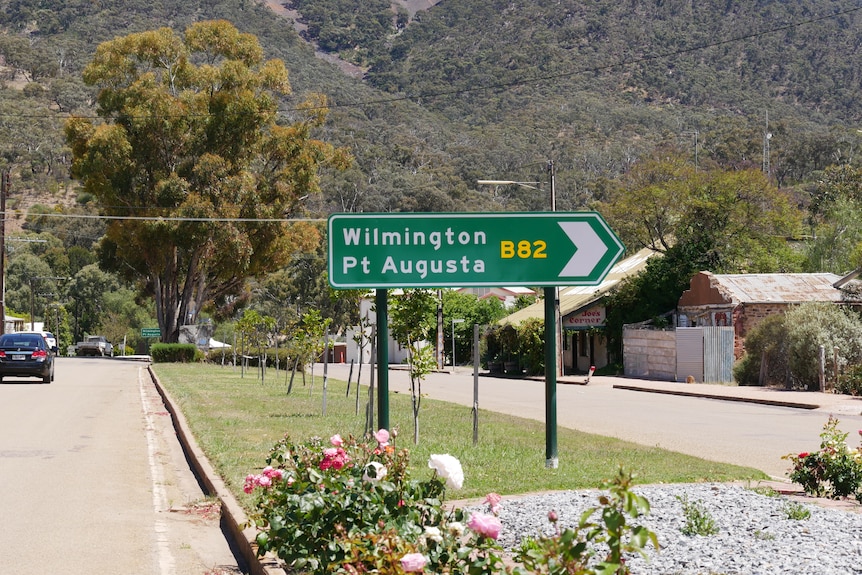 A green road sign for Port Augusta in Melrose, in South Australia's Flinders Rangers.
