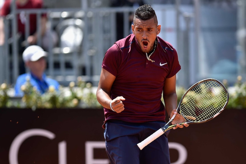 Nick Kyrgios celebrates a winning point at the Rome International