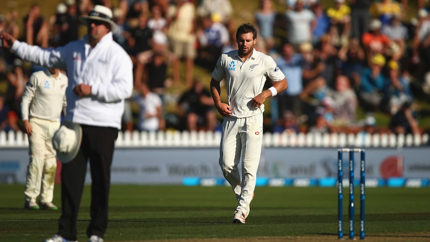 New Zealand's Doug Bracewell reacts after clean bowling Australia's Adam Voges off a no-ball in Wellington