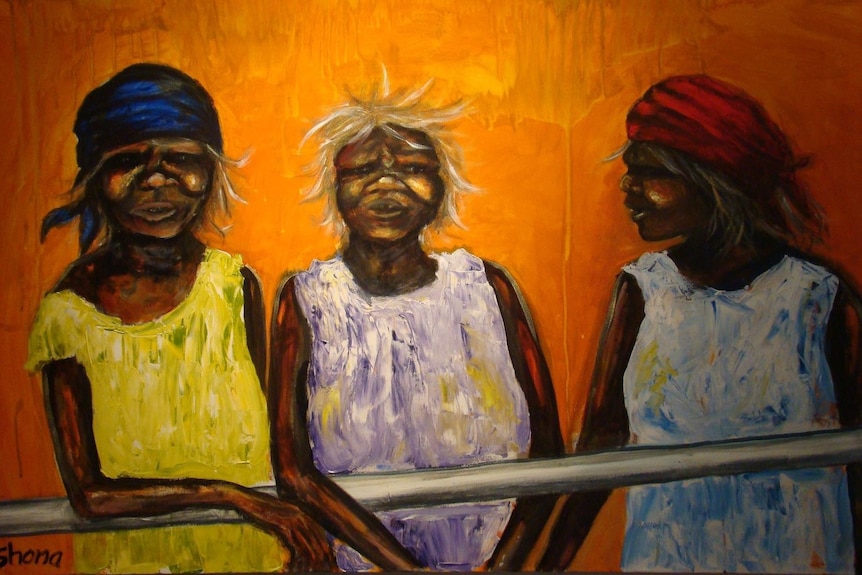A painting of three Indigenous women leaning on a fence.
