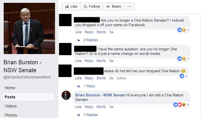 Brian Burston's Facebook page shows comments including one from him that says "Hi everyone I am still a One Nation Senator"