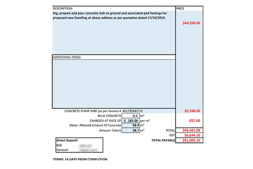 An invoice which details a concreting job.