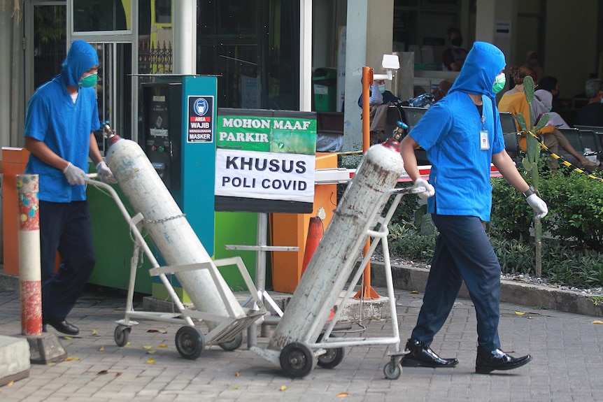 Medical workers wheel oxygen tanks in Indonesia