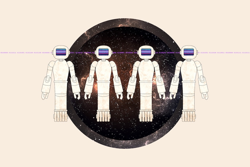 An illustration showing four robots, like something from the Jetsons, on a black disc