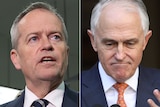 A composite image of Bill Shorten looking up and Malcolm Turnbull looking downcast.