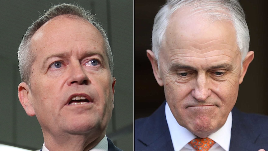 A composite image of Bill Shorten looking up and Malcolm Turnbull looking downcast.